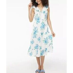 J Crew White Blue Floral V-Neck Tiered‎ Ruffle Midi CottageCore Dress- Size 00